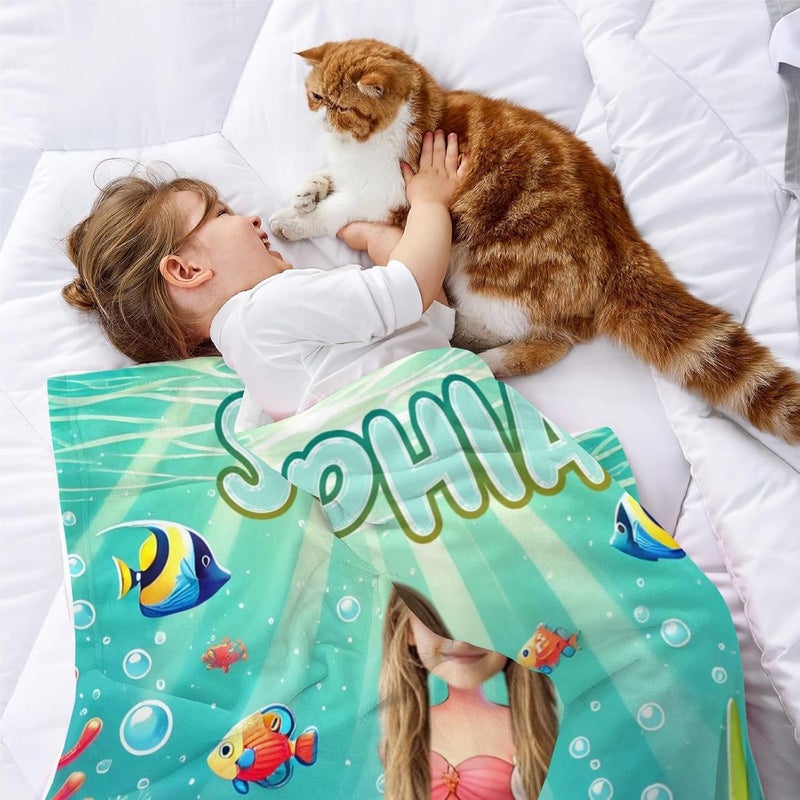Artsadd Mermaid Gifts for Girls Women, Personalized Mermaid Blanket with Photo and Name for Kids Adults, Custom Photo Blankets for Baby Infant Newborn Toddlers Christmas Birthday Shower Gifts - Image 3